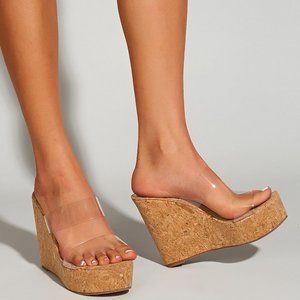 NEW Transparent Clear Dual Strap Cork Platform Wedge Heel Slide Sandals Open Toe